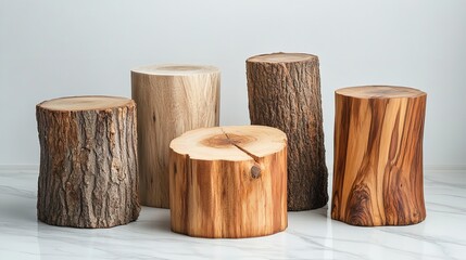 Five Wooden Stumps with Natural Grain Texture on a White Marble Floor