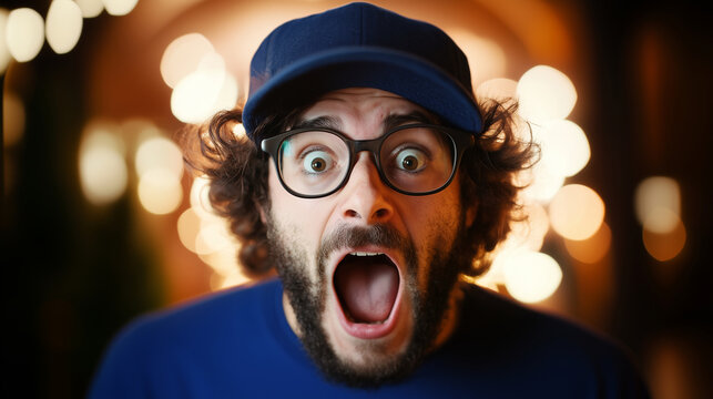 smart and bery crazy programmer Surprised man with glasses in close up portrait, shocked facial expression, emotional reaction, astonished young adult indoors, funny human expression