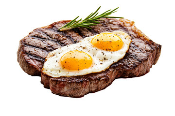 Grilled steak served with sunny side up eggs