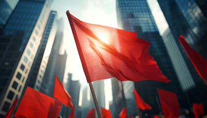 Peaceful demonstration on international workers day with red flags in cityscape scene. concept of labor rights, social unity, urban protest, human empowerment