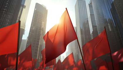 Peaceful demonstration on international workers day with red flags in cityscape scene. concept of labor rights, social unity, urban protest, human empowerment