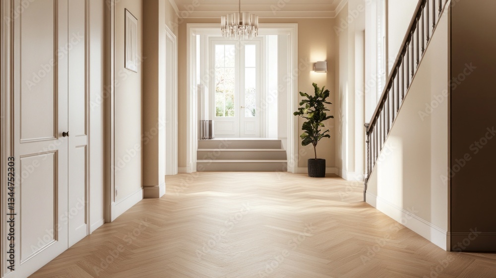 Poster sunlight streams through large windows, illuminating a stylish hallway adorned with minimalist decor