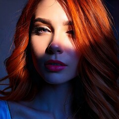 Fototapeta premium Half in light, half in shadow, a fashion model emerges from the interplay of contrasts. beautiful girl with red hair