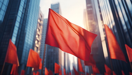 Peaceful demonstration on international workers day with red flags in cityscape scene. concept of labor rights, social unity, urban protest, human empowerment