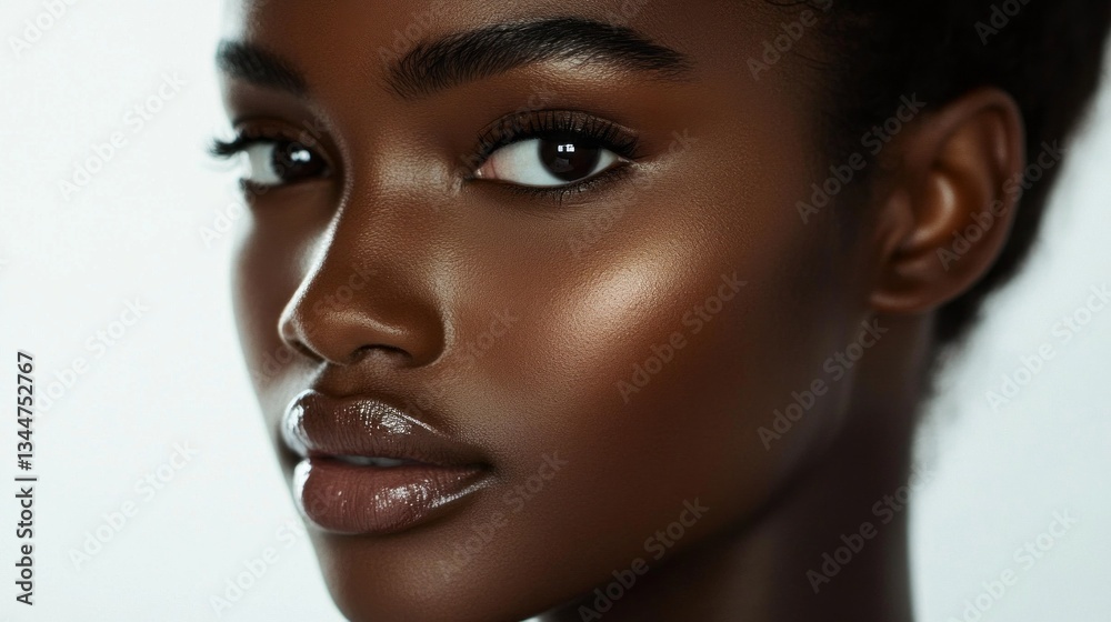 Poster a close-up view highlights the striking features of a model with luminous skin, emphasizing her capt