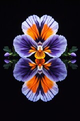 Macro photograph of a vibrant viola flower with intricate purple, yellow, and orange petals, symmetrically reflected on a black glossy surface. Floral symmetry and Botanical still life concept.