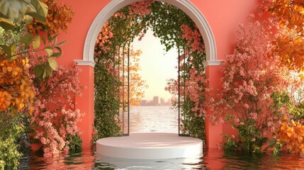Fototapeta premium 3d render spring scene and Natural background, White podium on the water surface in the colorful flowers arch for product display advertising 