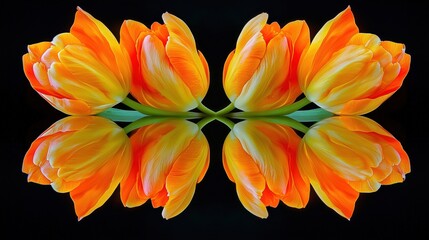 Orange and yellow tulips symmetrically arranged and reflected on a black glossy surface. Botanical still life and floral art concept.