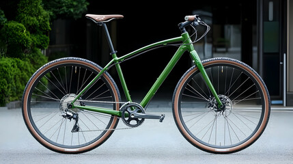 Green Bicycle With Brown Accents Parked On Pavement Near Foliage Outdoors