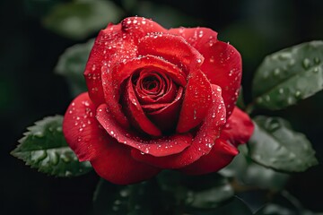 Close-up of vibrant red rose, dew drops