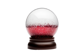 Bright red snow globe on wooden base with sparkles