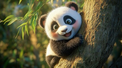 Obraz premium A happy baby panda hugs a tree in a sun dappled forest