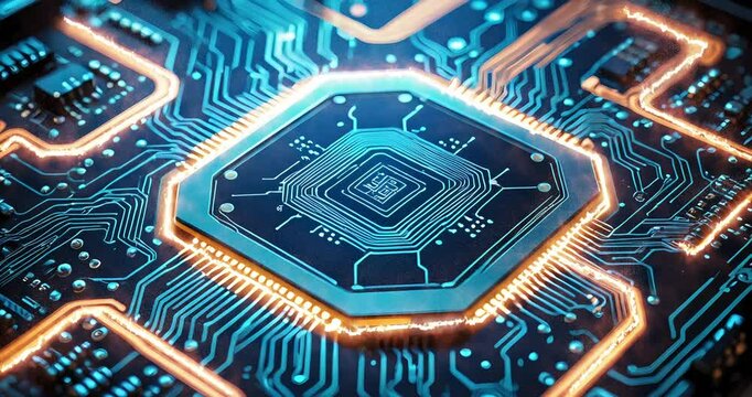 Abstract motherboard with CPU and radio parts. Luminous signals going through the conductors.