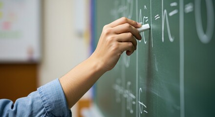 Math Lesson in Progress: A hand, with chalk in hand, meticulously writes mathematical equations on a green chalkboard, symbolizing the learning and exploration of mathematical concepts. 