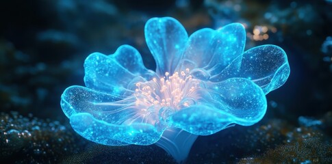 A glowing blue and ethereal flower blooms with luminous details
