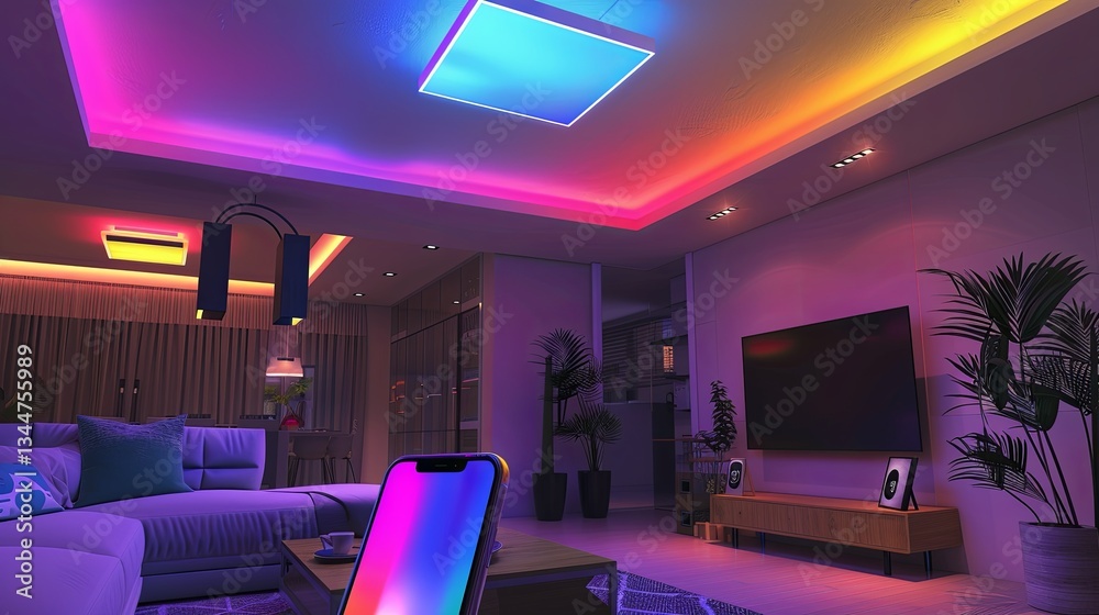 Aufkleber smart lighting in a futuristic living room with color-changing leds and smartphone control generativ