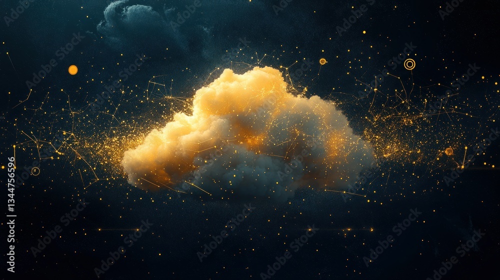 Poster glowing cloud illuminated by a network of interconnected points of light symbolizes the vastness of 