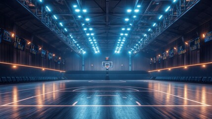 Obraz premium Futuristic basketball court glows under bright blue and orange lighting