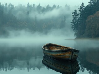 Tranquil misty lake scene with an abandoned wooden boat reflecting in water