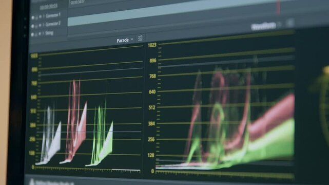 Color grading indicator. Program for colorizing video or photo. Post-production color correction in progress. Close-up of computer monitor. Filmmaker colorist edits commercial films. Color grading