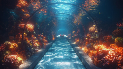 A futuristic glass tunnel beneath the ocean surface, featuring sleek, modern cars traveling through it. The tunnel is surrounded by vibrant coral reefs, colorful marine life, and clear blue water