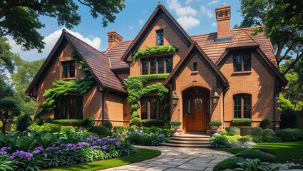 Naklejka premium A charming brick home nestled in a lush garden, bathed in warm sunlight, exuding timeless elegance and peaceful serenity.