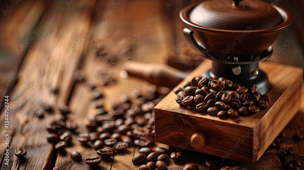 Poster coffee beans and grinders arranged on a wooden table highlighting the art of brewing fresh coffee ge