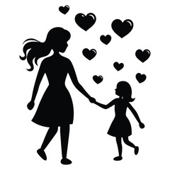 Black silhouette mom and baby daughter love shape white background