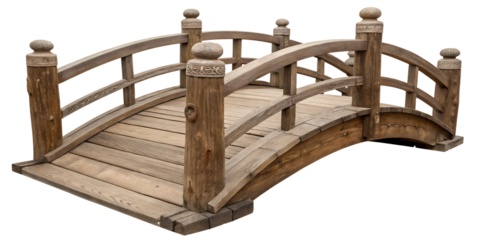 Rustic wooden arched footbridge with round log railings isolated on transparent background