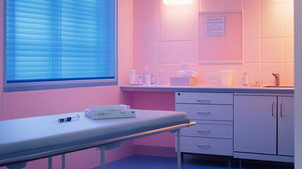 Sterile pediatric clinic with a vacant exam table, a syringe on a tray, and a bandage box-3