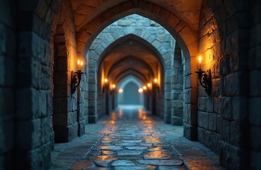 Medieval stone tunnel with arches illuminated by candle sconces provides atmospheric perspective. Cobblestone pathway stretches through ancient corridor. Gothic design elements evoke history,