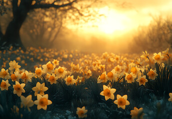 Sunlit Meadow Filled with Yellow Daffodils Framed by Tree Silhouette at Sunrise

