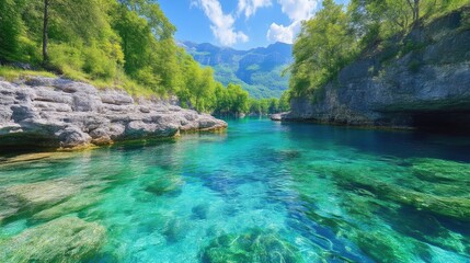 Obraz premium Crystal-clear river winding through lush green landscape