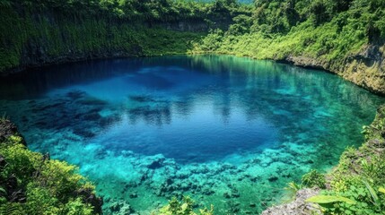 Crystal-clear, vibrant blue crater lake nestled within lush, tropical greenery