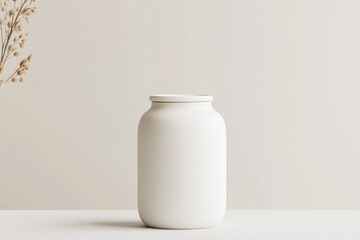 Minimalist cream-colored jar on a light beige surface with dried flowers