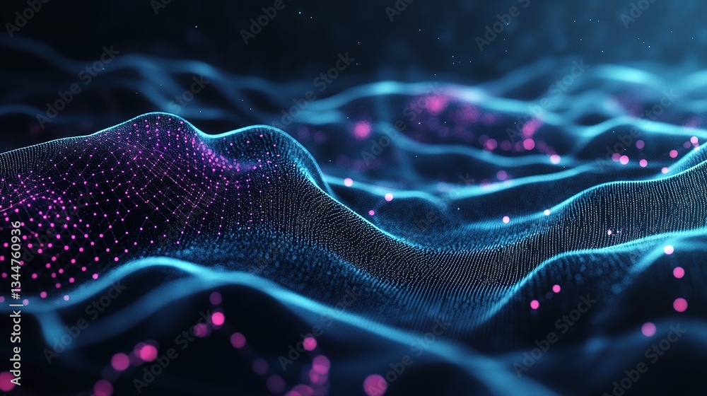 Poster abstract dark background with connected dots and wave patterns