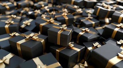 Fototapeta premium A multitude of black gift boxes with gold ribbon