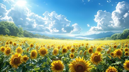 Obraz premium Bright sunny sunflower field with an open blue sky large text friendly area