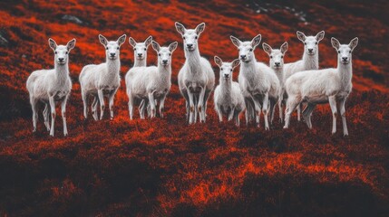 White deer herd on red hillside