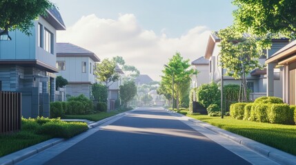 Obraz premium Serene Residential Street with Modern Homes and Lush Greenery