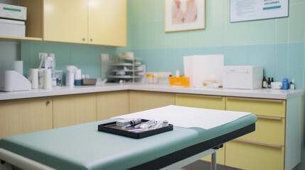 Well-lit clinic with a clean exam table, a syringe on a tray, and a bandage box on the counter-1