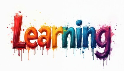 Colorful lettering of word Learning isolated on white backdrop. Impressionism painting with dripping paint effect. Creative decorative rainbow font for study themes art posters.