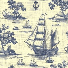 Blue and Beige Toile Print Sailing Ships and Coastal Scenery