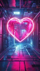 A neon glowing heart floats down a metallic hallway