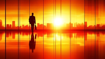 Businessman Walks Towards Sunrise City View.
