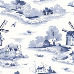 Obraz premium Serene Blue and White Waterfront Landscape Illustration