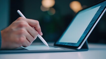A person using a digital pen to write on a tablet screen, showcasing modern technology in a creative workspace.