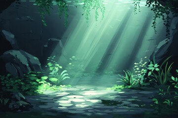 Fototapeta premium Sunlight filters through the aquatic plants in a cavernous space