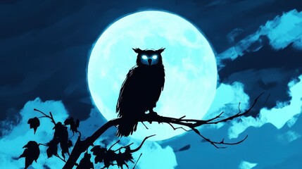 An owl silhouette perched on a branch under the full moon