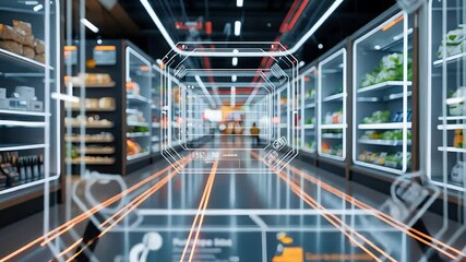 Futuristic Smart Supermarket with Digital Augmented Reality Shopping Technology and AI-Powered Interactive Displays

